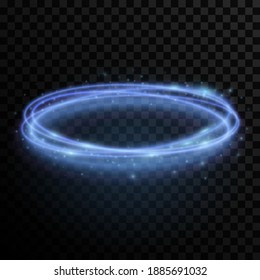 Resumen del efecto dinámico de la luz azul giratoria sobre un fondo transparente oscuro. Vórtice luminiscente. Tirar líneas brillantes con partículas voladoras. Ilustración vectorial. EPS 10