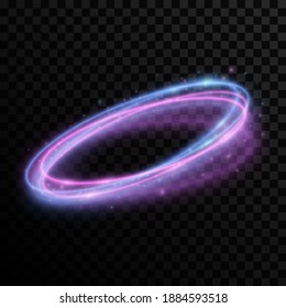 Abstract dynamic swirling purple and blue light effect on a dark transparent background. Luminescent vortex. Twisted glowing lines with flying glowing particles. Vector illustration. EPS 10