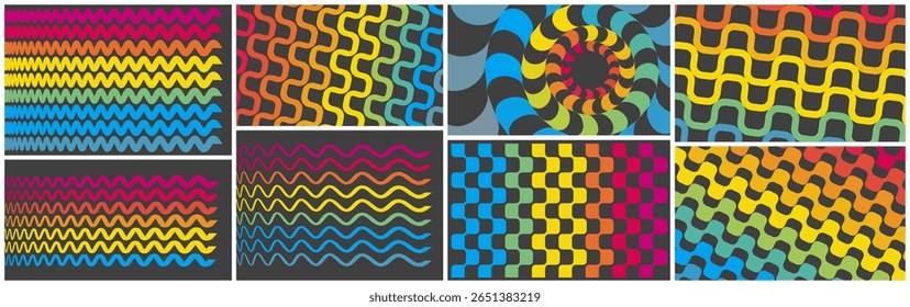 Abstractas Plantilla dinámica con cintas curvas onduladas. Figura circular rayada. Patrón ondulado 3D con ilusión óptica. Abstractas fondo de rayas. Plantilla de diseño de portada para folleto, póster, volante, etc.