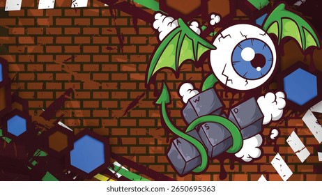 Um vetor abstrato e dinâmico fundo com um tema de jogos urbanos, com olhos alados, chaves WASD e texturas de tijolos grunge, perfeito para conteúdo de esportes ou design ousado, eps 10, editável.