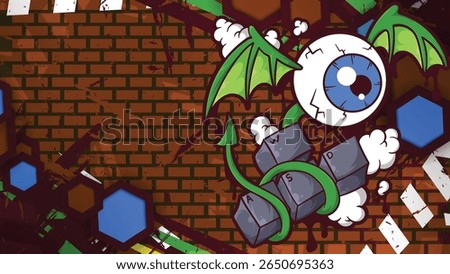 An abstract and dynamic vector background with an urban-gaming theme, featuring winged eyes, WASD keys and grunge brick textures, perfect for esport content or edgy design, eps 10, editable.