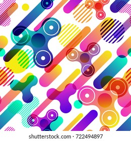 Abstract dynamic vector seamless pattern. Colorful fidget hand spinner symbol and motion geometric shapes, overlapping background. Spinner anti stress toy design concept.