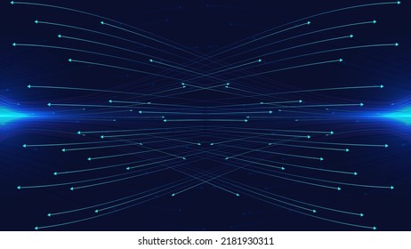 Abstract dynamic wave arrows lines communicate connection on dark blue background with lighting effect technology digital futuristic concept. Vector illustration
