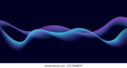 Linha de onda dinâmica abstrata. Cor fluindo azul e luz roxa no fundo preto. Linhas modernas acenam. Ilustração vetorial