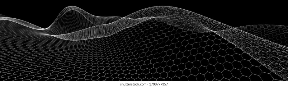 Abstract dynamic wave of lines. Hexagon wave of gradient dots on black background. Futuristic vector illustration.