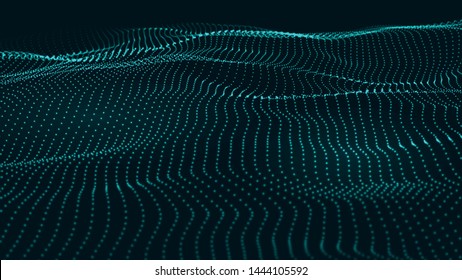 Abstract dynamic wave of many shining points. Big data. Low poly shape. Wave of bright particles. Futuristic background. Vector illustration.