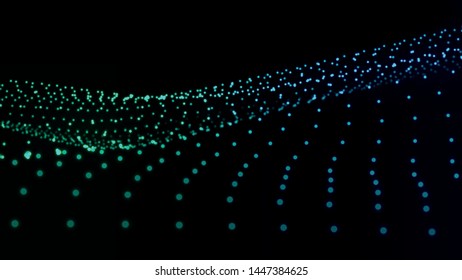 Abstract dynamic wave of many shining points. Big data. Low poly shape. Wave of bright particles. Futuristic background. Vector illustration.