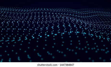 Abstract dynamic wave of many shining points. Big data. Low poly shape. Wave of bright particles. Futuristic background. Vector illustration.