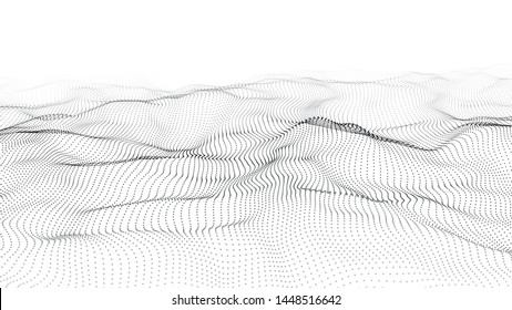 Abstract dynamic wave of particles. Big data. Low poly shape. Wave of gradient dots on white background. Futuristic vector illustration.