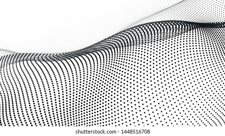 Abstract dynamic wave of particles. Big data. Low poly shape. Wave of gradient dots on white background. Futuristic vector illustration.
