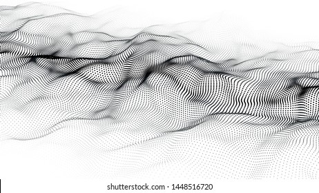 Abstract dynamic wave of particles. Big data. Low poly shape. Wave of gradient dots on white background. Futuristic vector illustration.