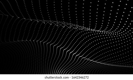 Abstract dynamic wave of particles. Wave of gradient dots on black background. Futuristic vector illustration.
