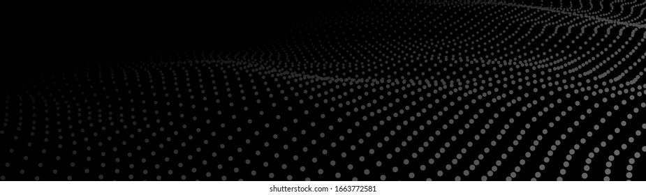 Abstract dynamic wave of particles. Wave of gradient dots on black background. Futuristic vector illustration.
