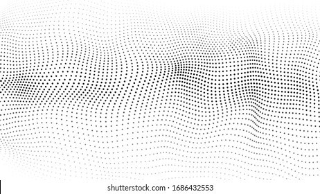 Abstract dynamic wave of particles. Wave of gradient dots on white background. Futuristic vector illustration.