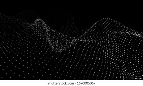 Abstract dynamic wave of particles. Wave of gradient dots on black background. Futuristic vector illustration.