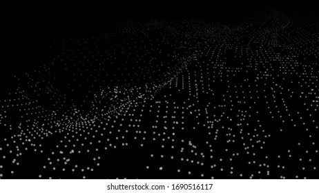 Abstract dynamic wave of particles. Wave of gradient dots on black background. Futuristic vector illustration.