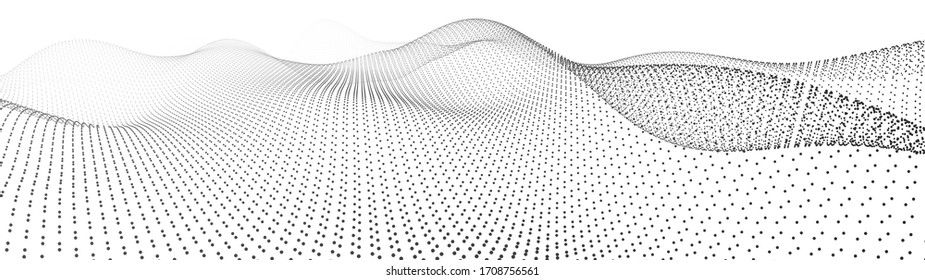 Abstract dynamic wave of particles. Wave of gradient dots on white background. Futuristic vector illustration.