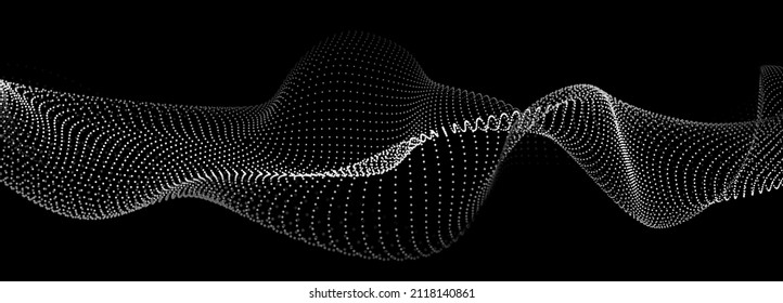 Abstract dynamic wave of particles. Network of bright points or dots. Big data. Digital background.