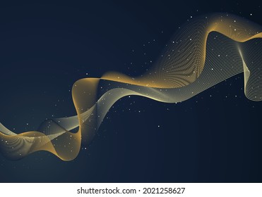 Abstract dynamic wave wavy yellow lines with dot particles elements on dark blue background. Vector illustration