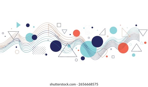 Visualização abstrata da forma de onda dinâmica com formas geométricas e círculos flutuantes
