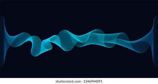 Abstract dynamic waves of lines flowing on dark background. Concept of music waves science or technology AI.