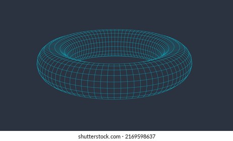 Abstract dynamic wireframe torus on a blue background. The flow of scientific data. Futuristic digital technology. Vector Illustration.