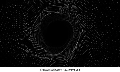 Abstract dynamic wireframe tunnel on black background. Deep wavy wormhole. Futuristic particle flow. Vector illustration.