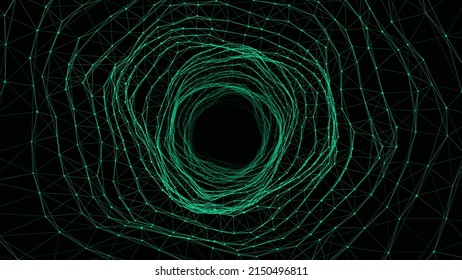 Resumen del túnel de alambre dinámico sobre fondo verde. Agujero de olas profundas. Flujo de partículas futurista. Ilustración vectorial.