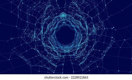  Abstract dynamic wireframe tunnel on blue background. Deep wave wormhole. Futuristic particle flow. Vector illustration.