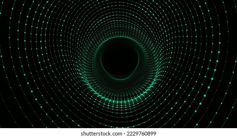 Abstrakter dynamischer Wireframe-Tunnel auf grünem Hintergrund. Tiefes Wellenbohrloch. Futuristischer Teilchenfluss. Vektorgrafik.