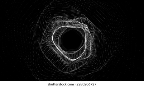 Resumen del túnel de alambre dinámico en el fondo oscuro. Agujero de olas profundas. Flujo de partículas futurista. Ilustración vectorial.