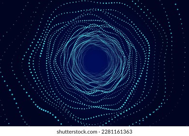 Abstract dynamic wireframe tunnel on blue background. Deep wave wormhole. Futuristic particle flow. Vector illustration.