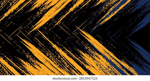 Abstract dynamic yellow orange and navy blue grunge background with diagonal cross brush strokes. Aggressive distressed paint texture wallpaper for sports and esports gaming.
