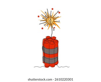 Abstract Dynamite, explosives,bomb with a burning fuse, continuous single line art drawing sketch, logo