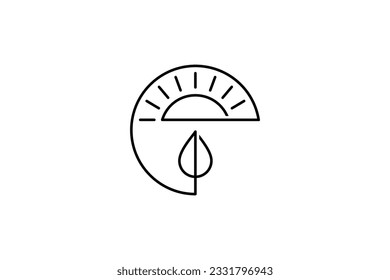 Abstract e letter logo with Sunrise and Tree design combination in line style