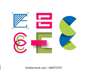 Abstract E letter symbols, bright color isolated logotypes. Set of graphical geometrical monograms. 