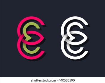 Símbolos de letras E abstractas, colores brillantes y logotipos aislados en blanco. Monogramas gráficos de dos líneas de vectores geométricos. 