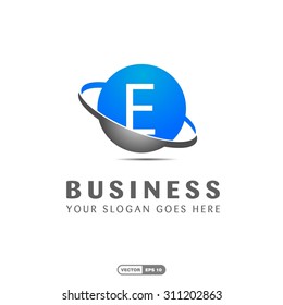 Abstract E letter vector logo icon template. Blue company logo, abstract logo, design element, creative idea. globe logo, planet logo, circle logo, swoosh logo, world logo, silver metal logo,