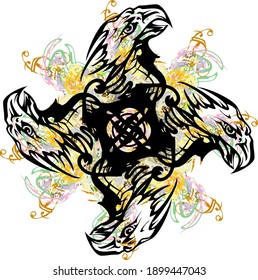 Abstract eagle cross colorful splashes. Colored decorative floral and golden elements on the background of a cross formed by eagle heads for textiles, wallpaper, posters, prints, etc.