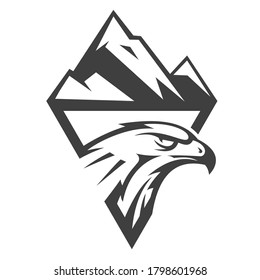 Abstract eagle or hawk head with silhouette mountains isolated on white background. Template for design mascot, label, badge, emblem or other branding. Vector illustration.