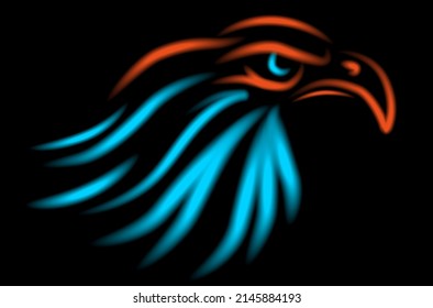 Silueta de cabeza de águila abstracta creada a partir de golpes de neón sobre fondo negro - ilustración vectorial