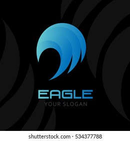 Abstract eagle logo. Vector template of blue falcon symbol. Bark background