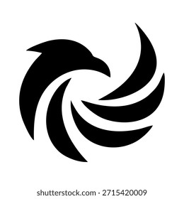 Abstrakter Adler oder Phönix-Swirl-Logo symbolisiert Macht, Energie, Wiedergeburt, Wachstum und Bewegung. Dynamisches schwarzes Vektoremblem, geeignet für Technologie, Finanzen, Sport und Corporate Branding.