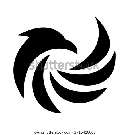 Abstract eagle or phoenix swirl logo symbolizing power, energy, rebirth, growth, and motion. Dynamic black vector emblem suitable for technology, finance, sports, and corporate branding.