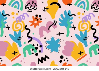 Abstract eamless pattern with colorful hand drawn doodle organic shapes. Vector illustration.