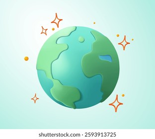 Abstract Earth 3D globe with continents and oceans. Save the planet banner. Modern Icon of world or planet in cartoon 3D style. Colored vector illustration isolated on background