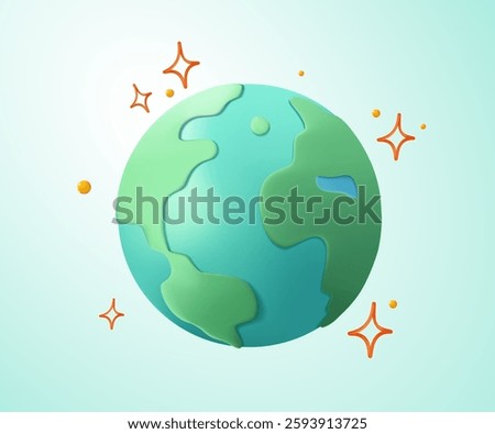 Abstract Earth 3D globe with continents and oceans. Save the planet banner. Modern Icon of world or planet in cartoon 3D style. Colored vector illustration isolated on background