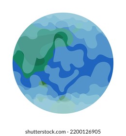 Abstract Earth globe with abstract continents and oceans. Planet in bright blue and green colors. Vector illustration isolated on white background. Flat cartoon style icon