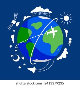 Abstract Earth globe with continents and oceans. Space elements, plane, clouds, sun. cartoon style