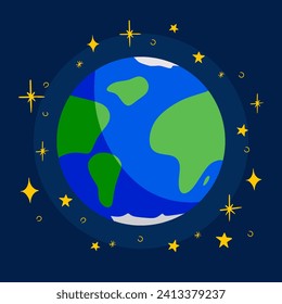 Abstract Earth globe with continents and oceans. planet with stars. Planet with stars color flat vector illustration isolated on white background